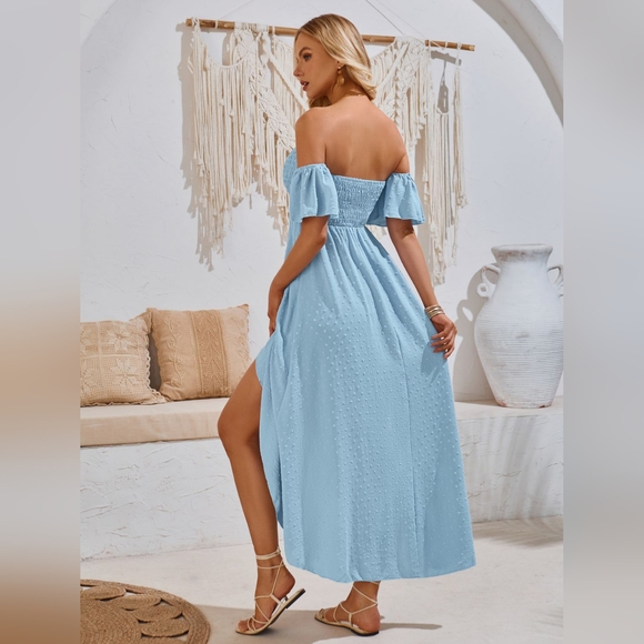 High-Low Smocked Short Sleeve Midi Dress - Picture 3 of 6